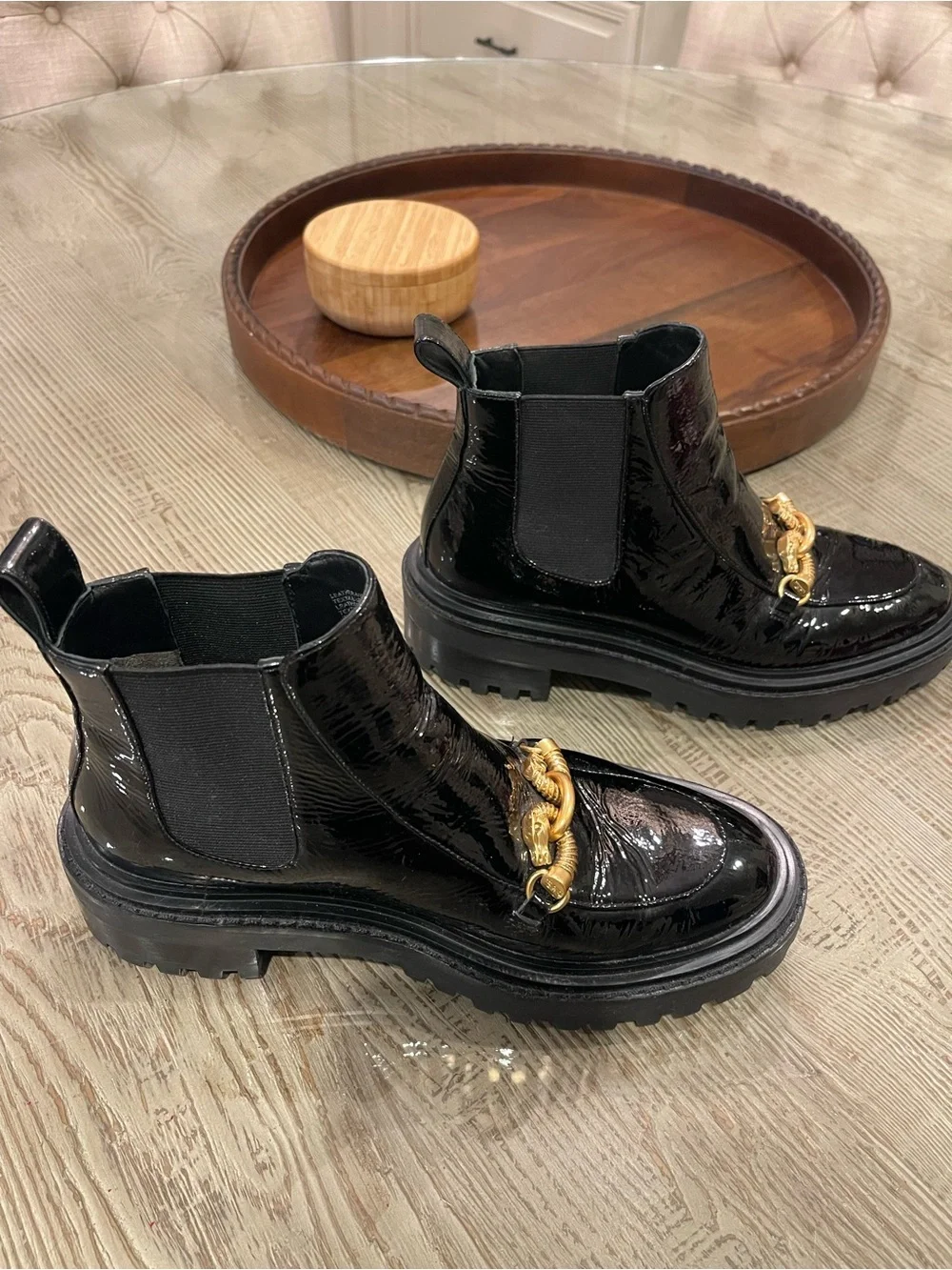 Tory Burch Women’s Black Patent Leather Boots with Gold Accent